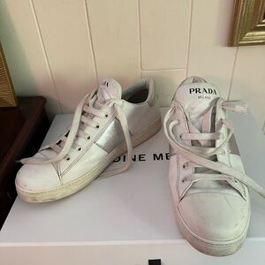 Prada White and Silver Athletic Shoes